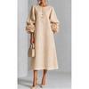 2026 French 3D Floral Lantern Sleeve Button Cotton Linen Midi Dress Women