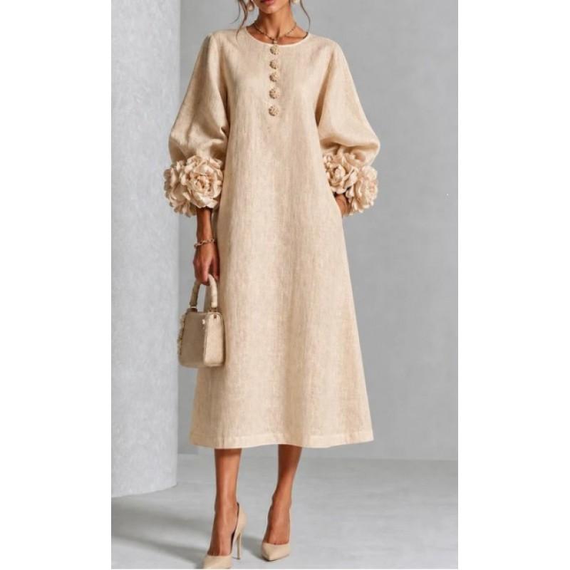 2026 French 3D Floral Lantern Sleeve Button Cotton Linen Midi Dress Women