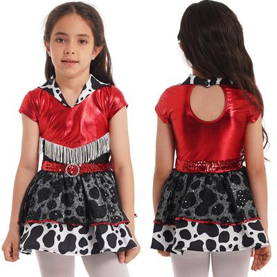 Barn Flickor Klä upp Dräkt Lapel Krage Korta ärmar Tofsar Paljetter Sash Utsmyckad Klänning med Armärmar Set