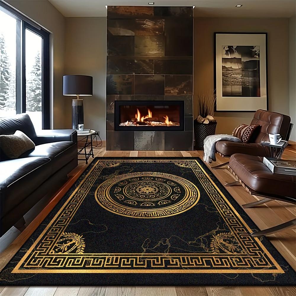 Luxury Black Gold Greek Key Print Carpet Plush Flannel Rug Living Room Bedroom Home Decor Area Rug Non Slip Floor Mat