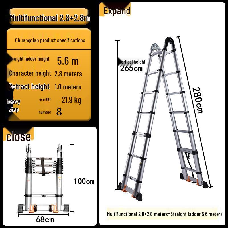 Aluminum Alloy Telescopic Folding Extension Ladder, Multifunctional A-Frame Design, Portable & Thickened for Engineering Use, Free Shipping
