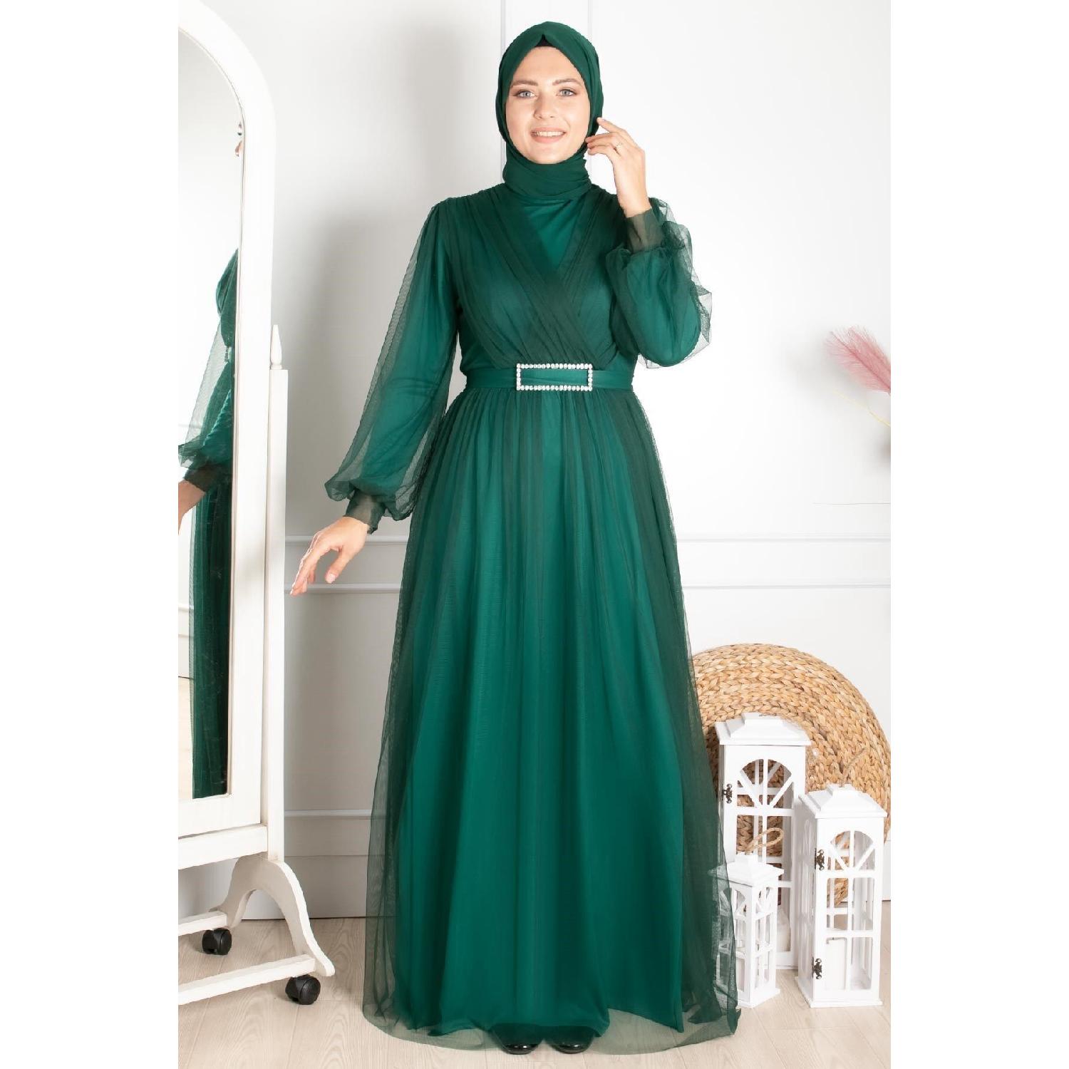 

Belt Detailed Tulle Evening Dress Emerald Fhm777