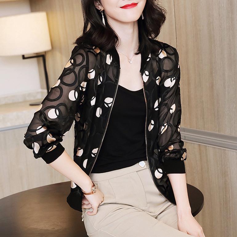 Women's Korean-Style Chiffon Sun Protection Jacket, Long Sleeve, Zipper, Printed, Loose Fit, Short Length