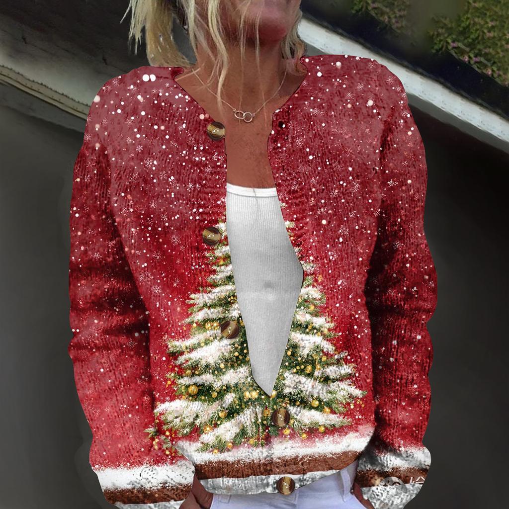 Women's Fashion Christmas Printed Long Sleeve Knitted Cardigan Button Down Jacket