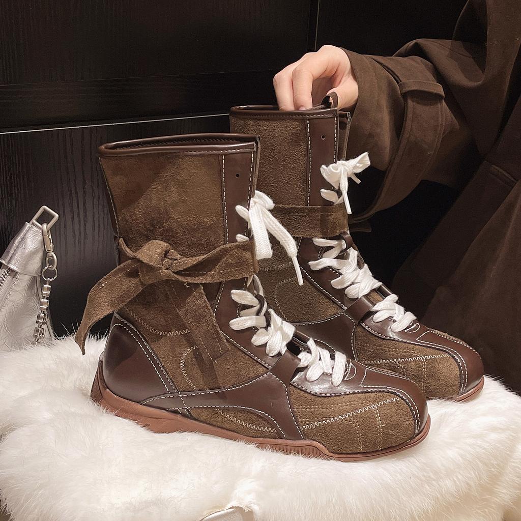 Fashion Fashion Lace Up Mid Calf Boots Women Y2K Gothic Low Heels Motorcycles Boots Woman Pu Leather Patchwork Punk Riding Botas Mujer