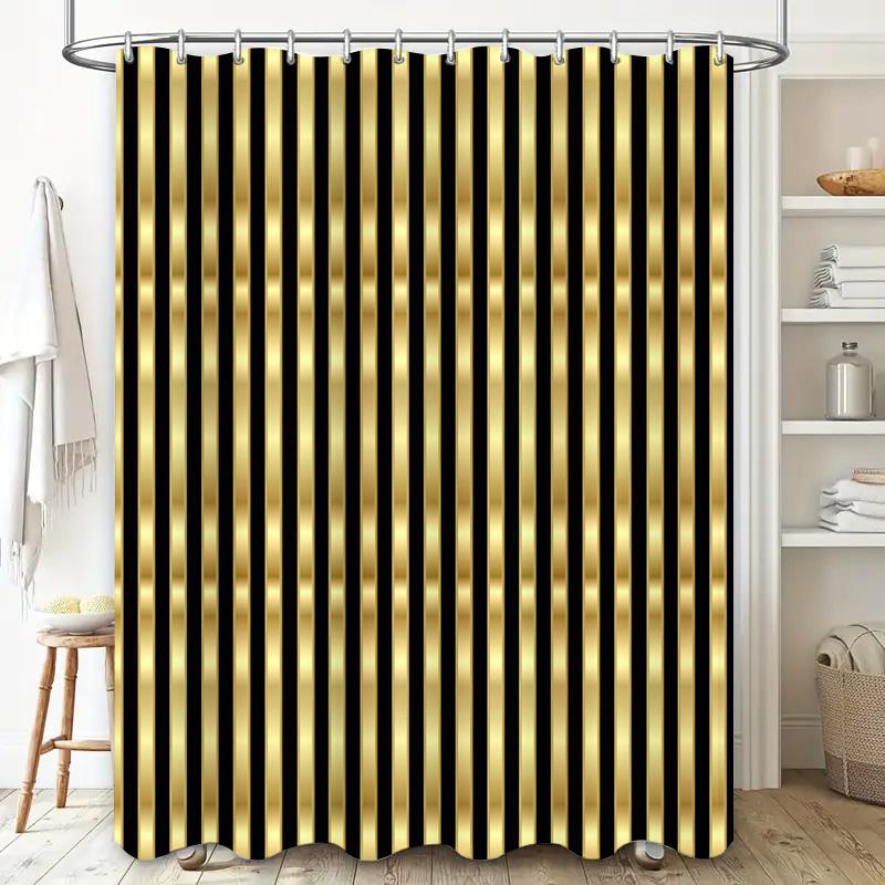 Schwarz Gold Duschvorhang Modernes Streifen Design Für Badezimmer Dekor 72 X 84, Luxuriöses Goldenes Wasserabweisendes Wasserdichtes Stoff Dusch