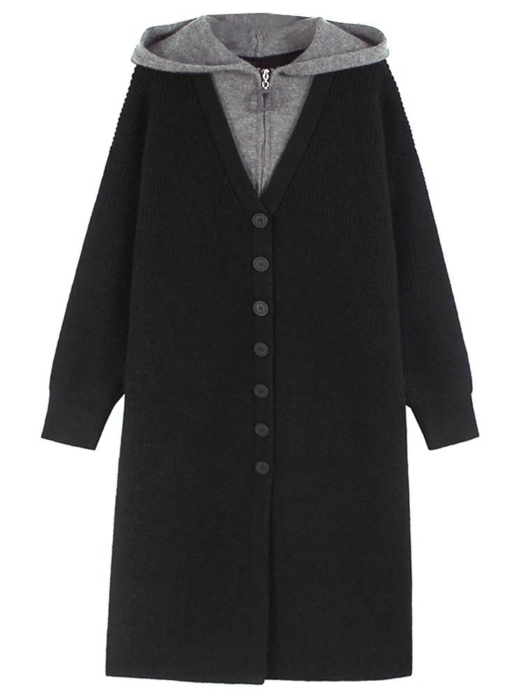 Xitao Hooded Contrast Color Single Breasted False Two Pieces GMM1170