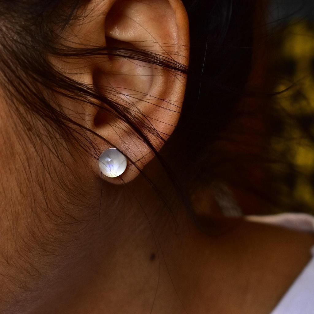 Genuine Moonstone Stud Earrings In Sterling Silver ,  Moonstone Stud , Gift for Mother , Rainbow Moonstone Stud Earrings Celestial Moonstone