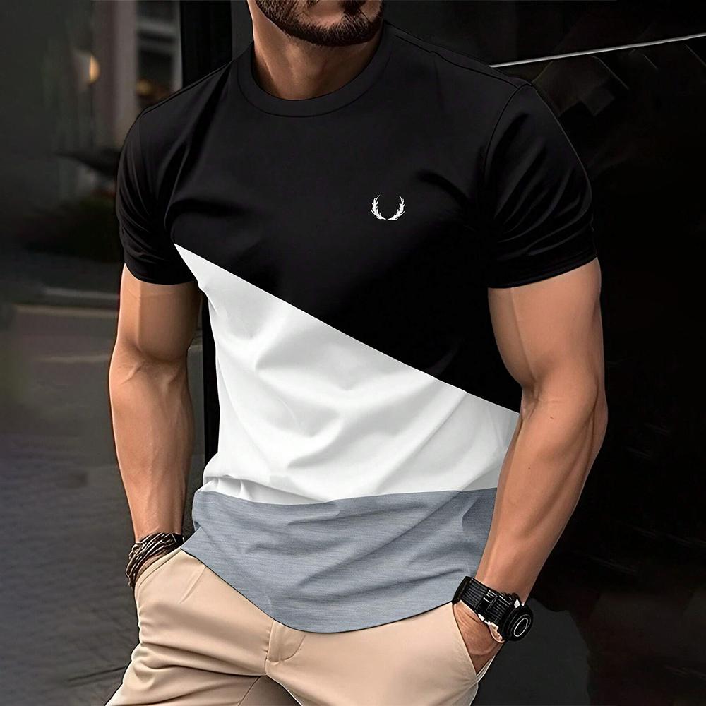 Fashion Color Blocking 3D Print Men's T Shirt Casual Round Neck Short Sleeve Tops Comfortable Breathable Loose Tees Men Clothing