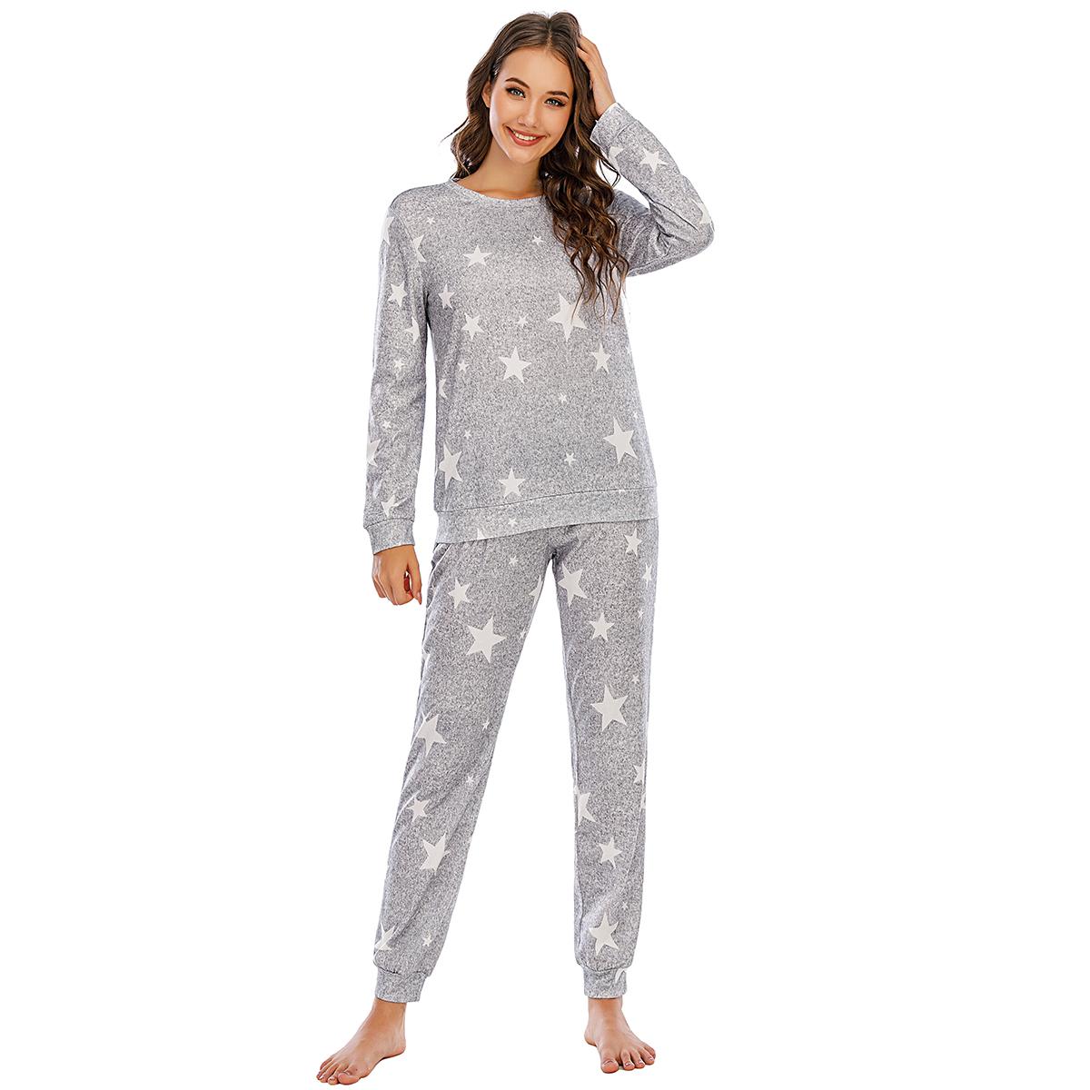

Женский рождественский пижамный комплект Bright Deer, топ с длинными рукавами и принтом звезд, однотонная женская пижама из 2 предметов, милая, уютная повседневная одежда для сна M белый/серый