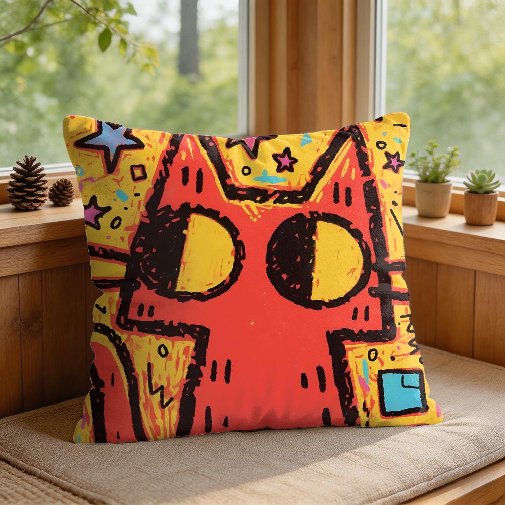 Art Dopamine Doodle Cat Cushion Cover Silky Short Plush Invisible Zipper Dustproof Sofa Pillow Case For Home Decor