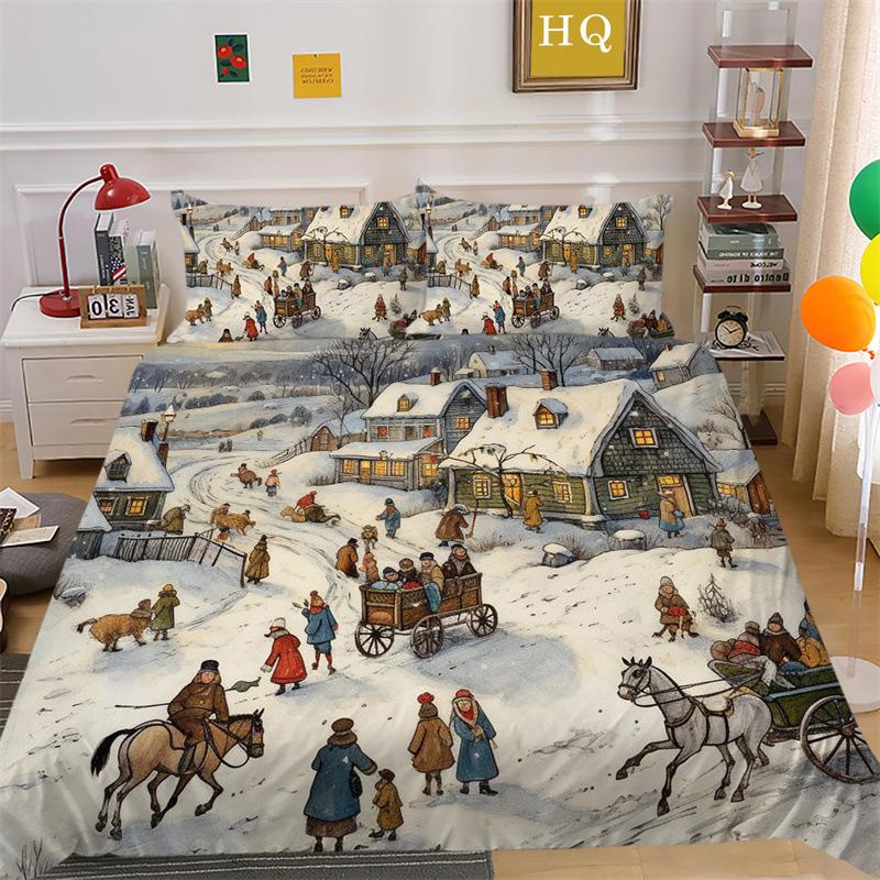 Christmas Snow Scene 3D Printed Polyester Pillowcase Quilt Cover Two Or Three Piece Set