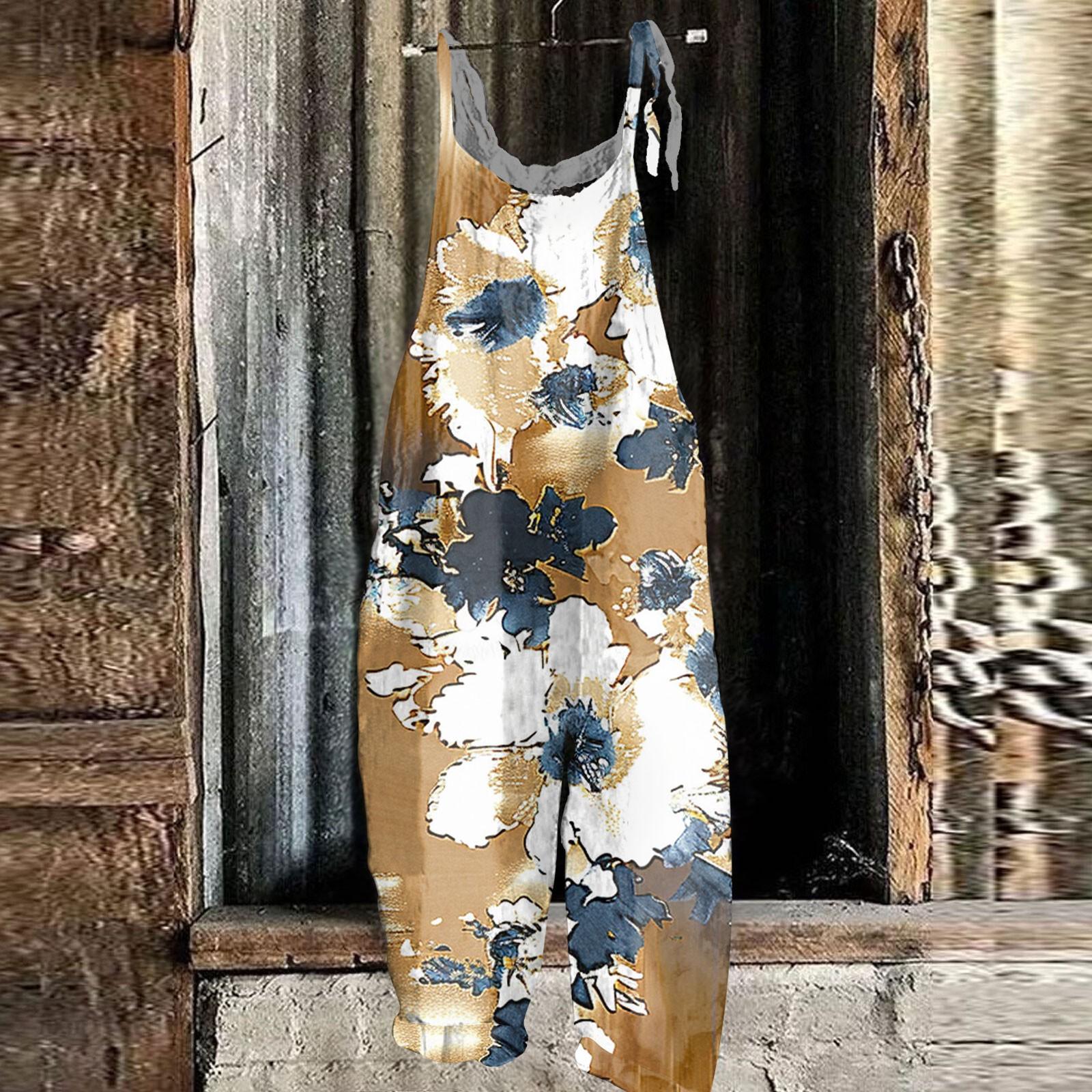 

Женский комбинезон с цветочным принтом, повседневный свободный винтажный комбинезон из хлопка и льна XXL жёлтый