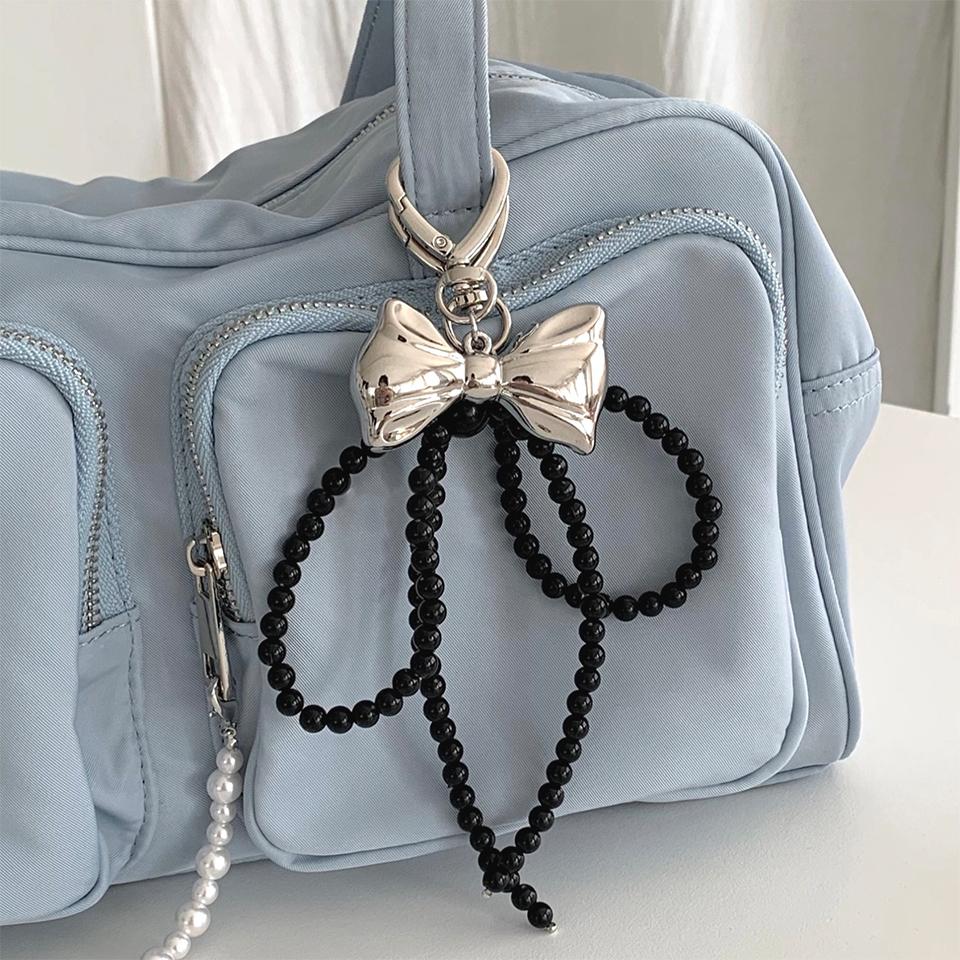 Y2K Korean Imitation Pearl Beaded Bowknot Keychain for Women Girls Bow Pendant Bag Decoration Accessories