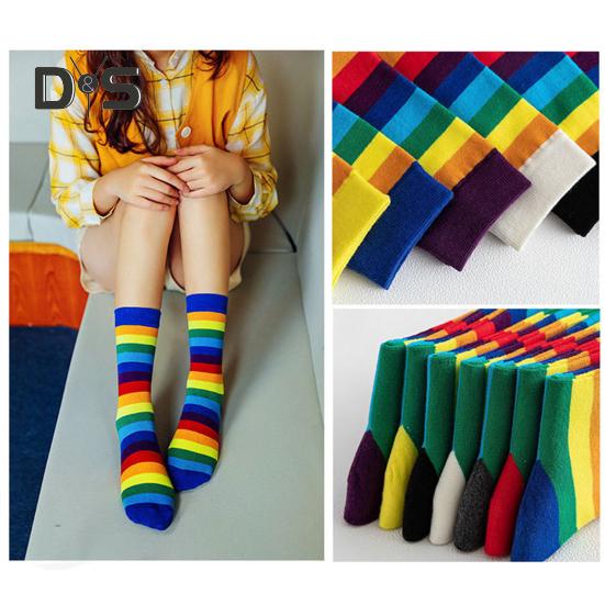 6 Paar Unisex-Wintersocken, bunte Regenbogenstreifen, Mittelrohr, hohe Elastizität, halten warm, rutschfest, dicke Paarsocken, lässige Sportsocken