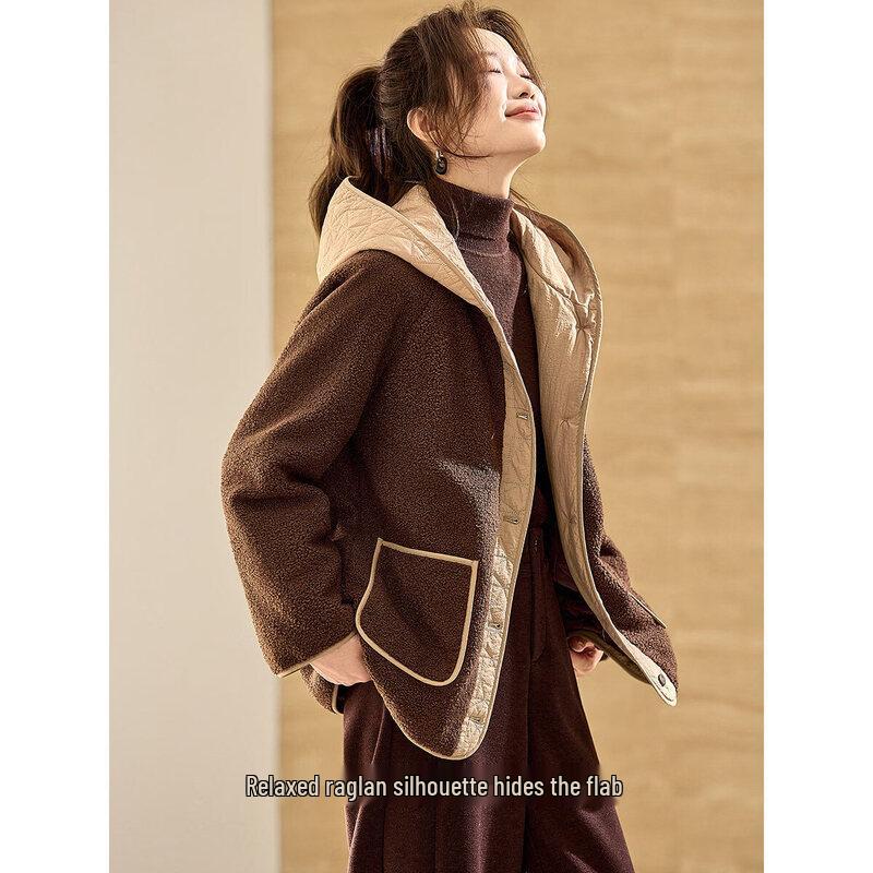 Mohan Yimei Women s Faux Lamb Wool Color Block Hooded Short Padded Jacket L