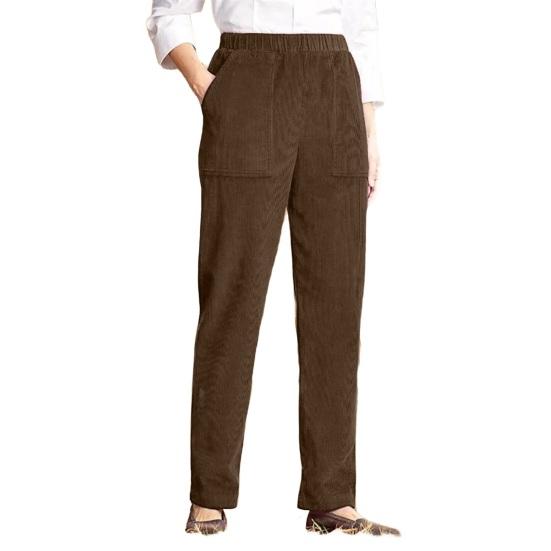 

Women Pants Elastic Mid-rise Casual Wide Leg Trousers with Pockets Solid Color L темно-коричневого кольору