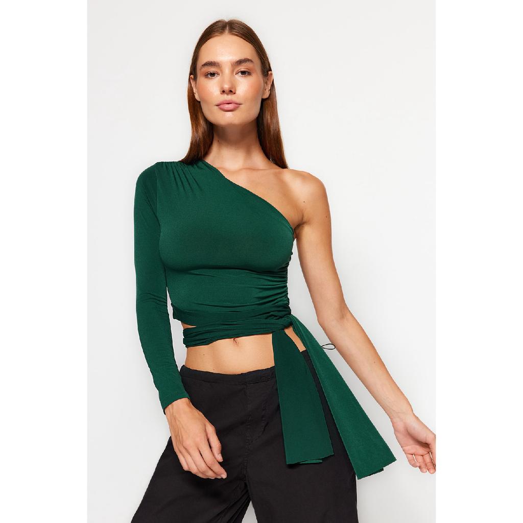 Claret Red Slim Tie Detailed Single Sleeve Crop Stretchy Knitted Blouse Twoaw23bz00094