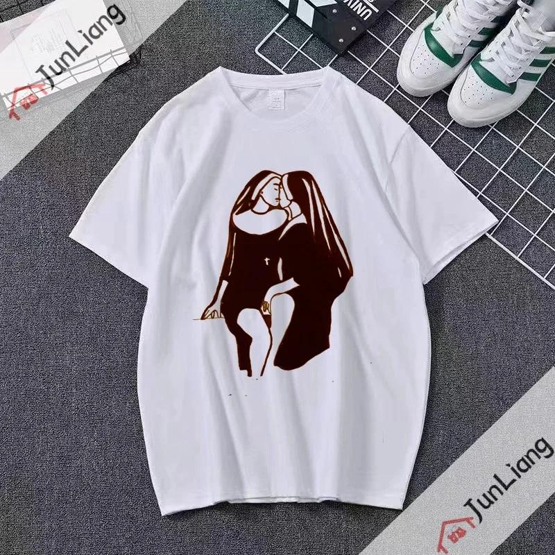Smoking and Drinking Nuns Religious T-shirt, Cute Unisex T-shirt Short Sleeved Summer Crew-neck Plus Size Breathable Clothing