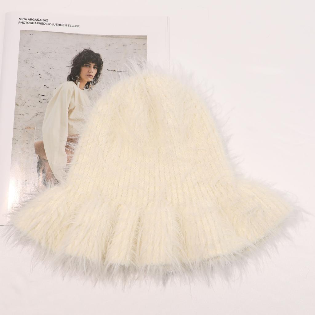 New autumn and winter pulling bucket hat, warm Korean version imitation mink plush hat, thick ear protector basin hat, knitted wool hat