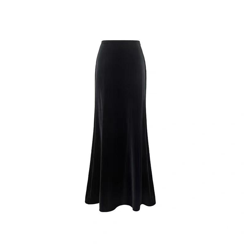 

Petite Korean Velvet Midi Skirt for Women - Autumn Luxury, Slimming Diagonal Cut, Elastic Waist S (95-105 Jin)