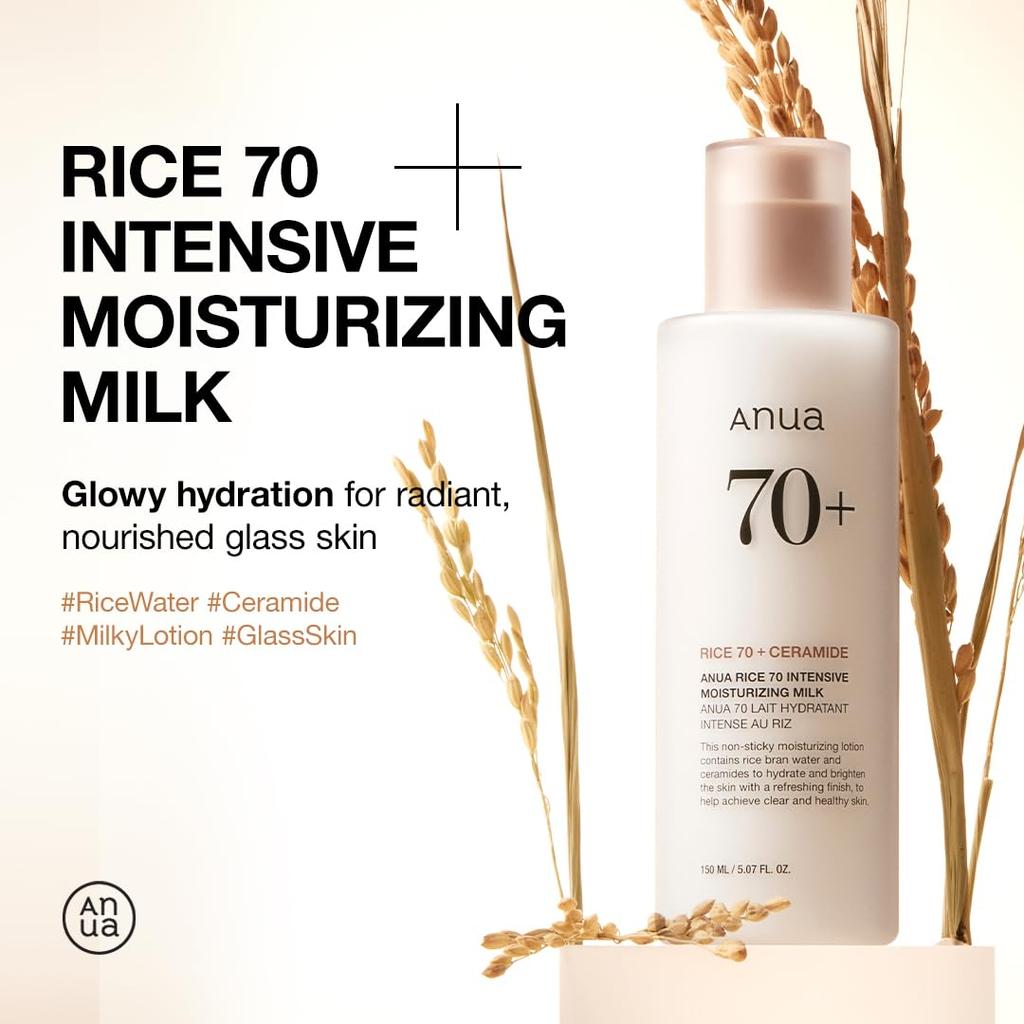 ANUA Rice 70 Intense Moisture Milk 150ml Emulsion Hydrating Dewy Glow Niacinamide Rice Extract Dry and Combination Skin Korean Skincare