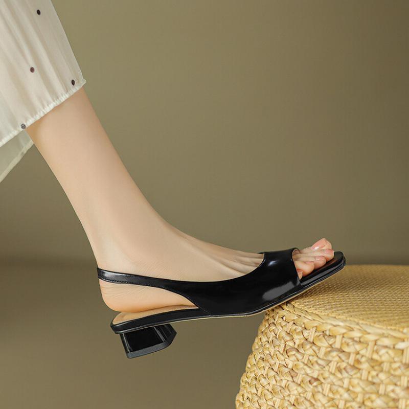 

Summer women s leather large size sandals square head low heel comfortable new Roman sandals beef tendon soft sole buckle rear empty 40 чёрный