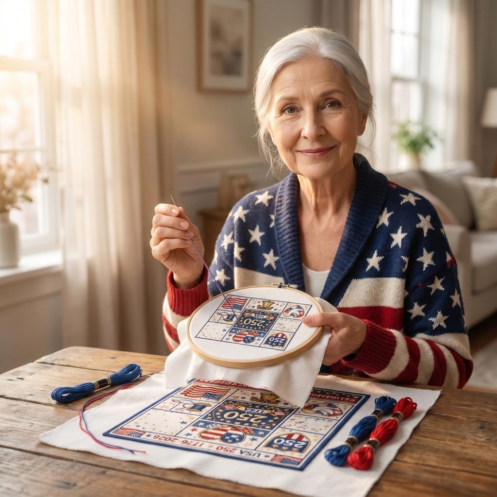 USA 0th Anniversary Cross Kit, 1776-2026 Patriotic Stamped Embroidery Kit For Beginners, DIY Needlepoint Set With Flag Bell Patterns, Threads