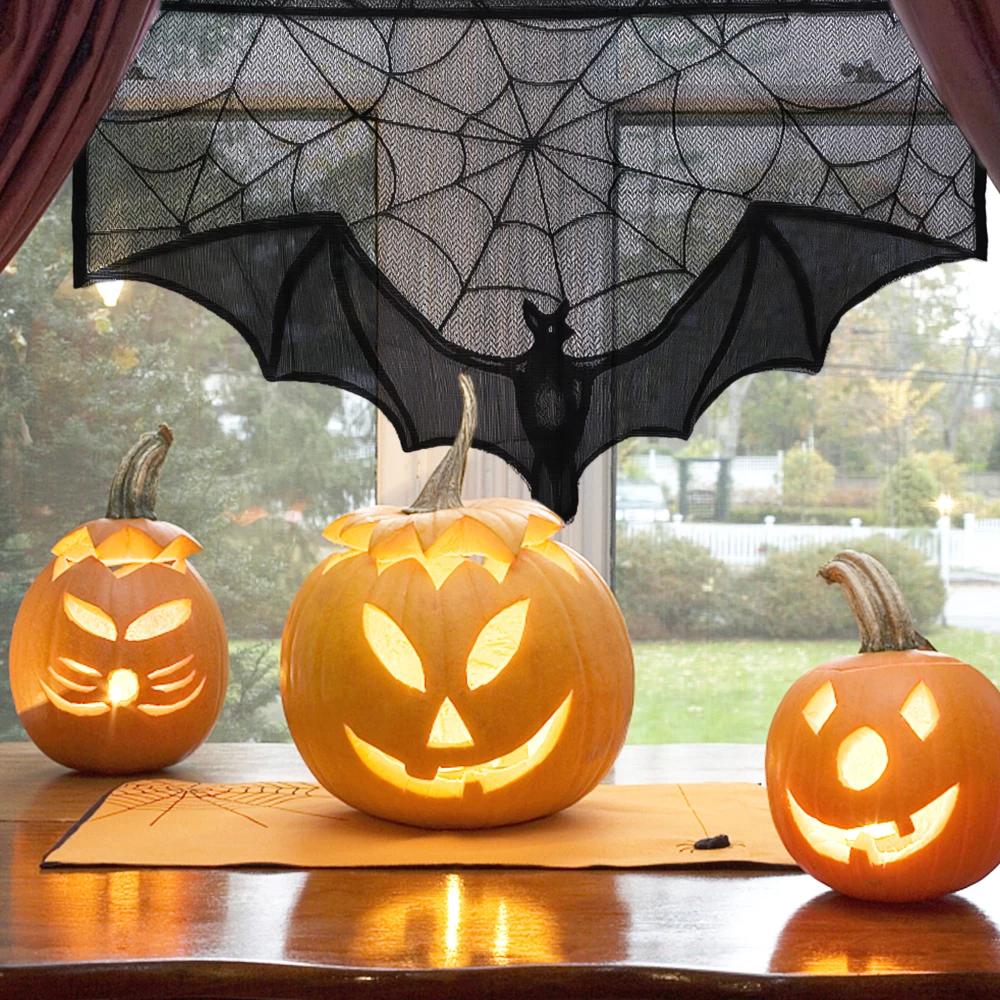 1Pc Halloween Lace Curtain Black Bat Spider Tablecloth Fireplace Mantel Scarf Cover Halloween Home Room Cobweb Horror Decoration