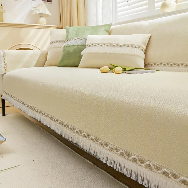 Summer Ice Silk Sofa Cover With White Lace Non-slip Couch Slipcover Protector Cover Universal Sofa Towel for Living Room Decor