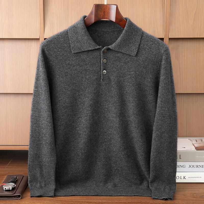Autumn And Winter New Polo Shirt Cashmere Men'S Fashion Casual Pullover Lapel Long-Sleeved Versatile Top