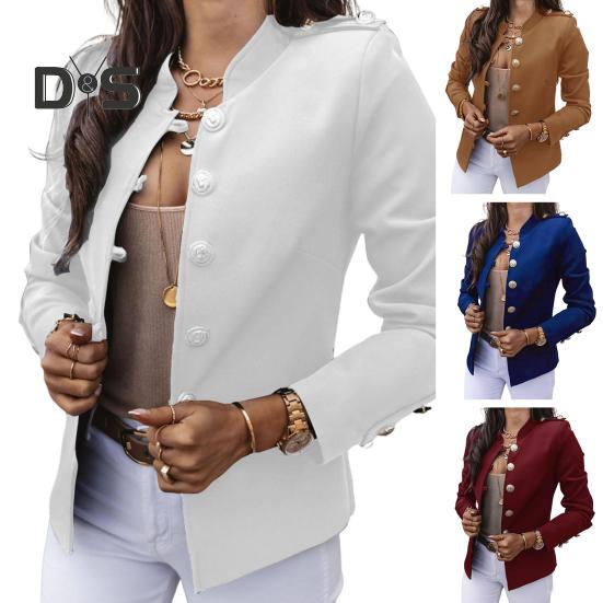 Women Suit Coat Stand Collar Long Sleeve Single Breasted Suit Jacket Solid Color Slim Fit Office Business Outwear