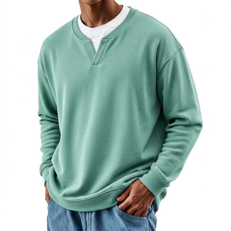 Mens Casual Henley Sweatshirt Light Green Solid Color Loose Fit Long Sleeve Crew Neck Pullover
