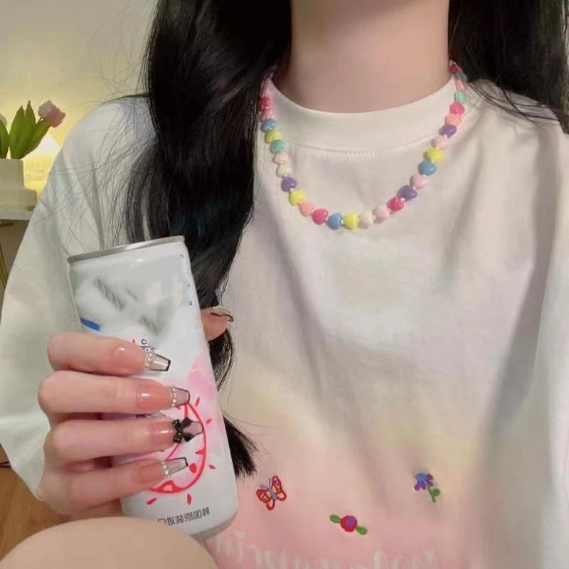 1Pcs Women'S Y2K Colorful Acrylic Heart Beaded Choker Necklace Sweet Aesthetic Goth Jewelry Trendy Vintage Accessory