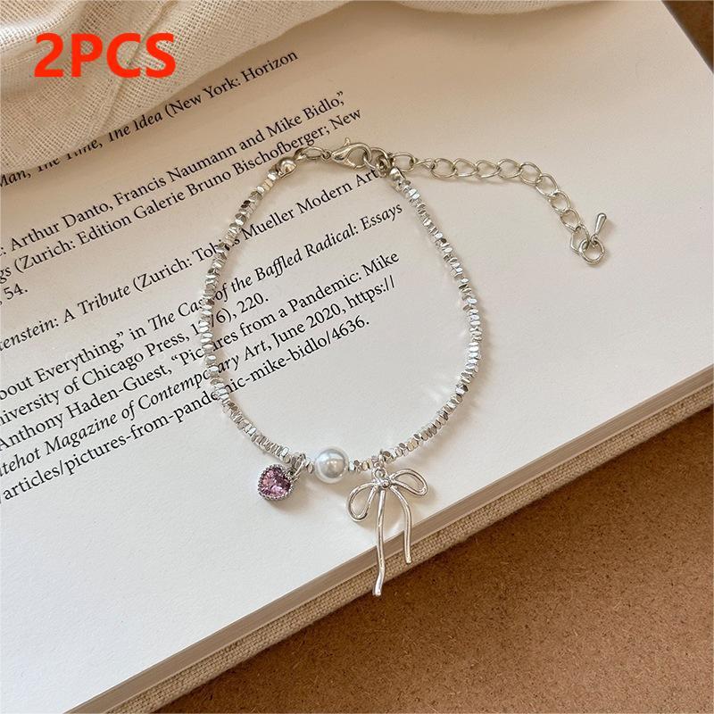 Romantic Pink Crystal Heart Pendant Bangles For Women Silver Color Small Square Bead Bow Bracelet Good Friend Jewelry Gift