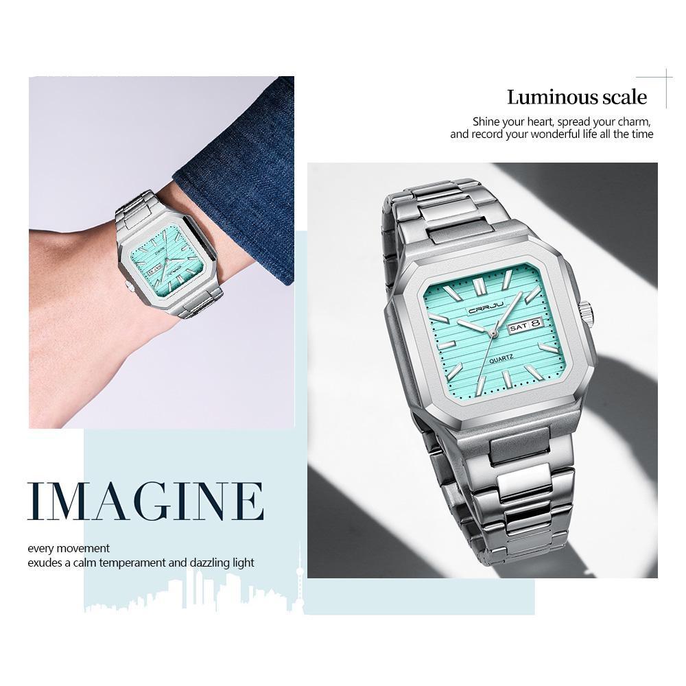 Luxury Men's Quartz Watch Square Case Day Date Display Stainless Steel Wristwatch