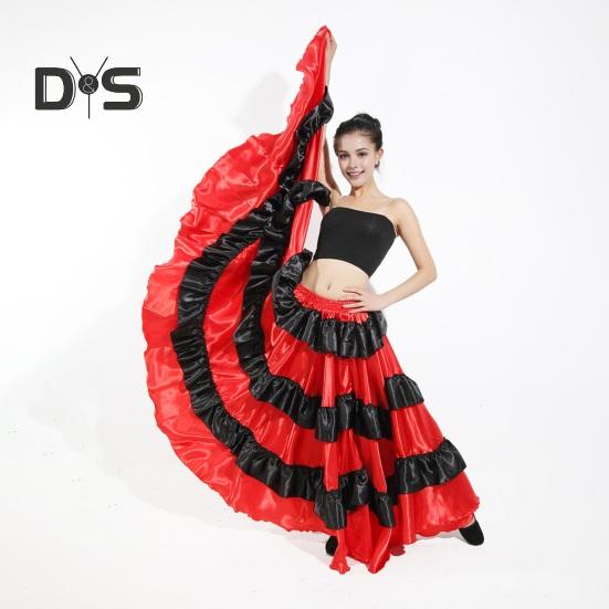 Dámská maxi sukně Elastické prošívání v pase Vrstvená dortová sukně Barva-Blocked Červená Černá 360° oversized sukně Stage Performance Wear