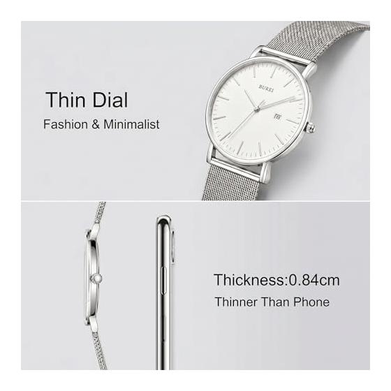 [BUREI] Men's Watch Simple Waterproof Analog Business Milanese Mesh Belt Men's Arm Watch Stylish Popular Date Brand Silver Men's Watch