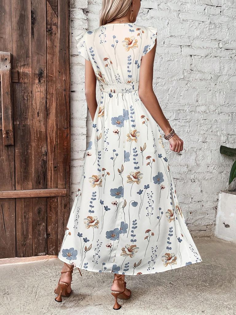 Women Summer Flower Printed Dress Elegant High Waist Slit Maxi Long Dress Causal Party Dresses Femme