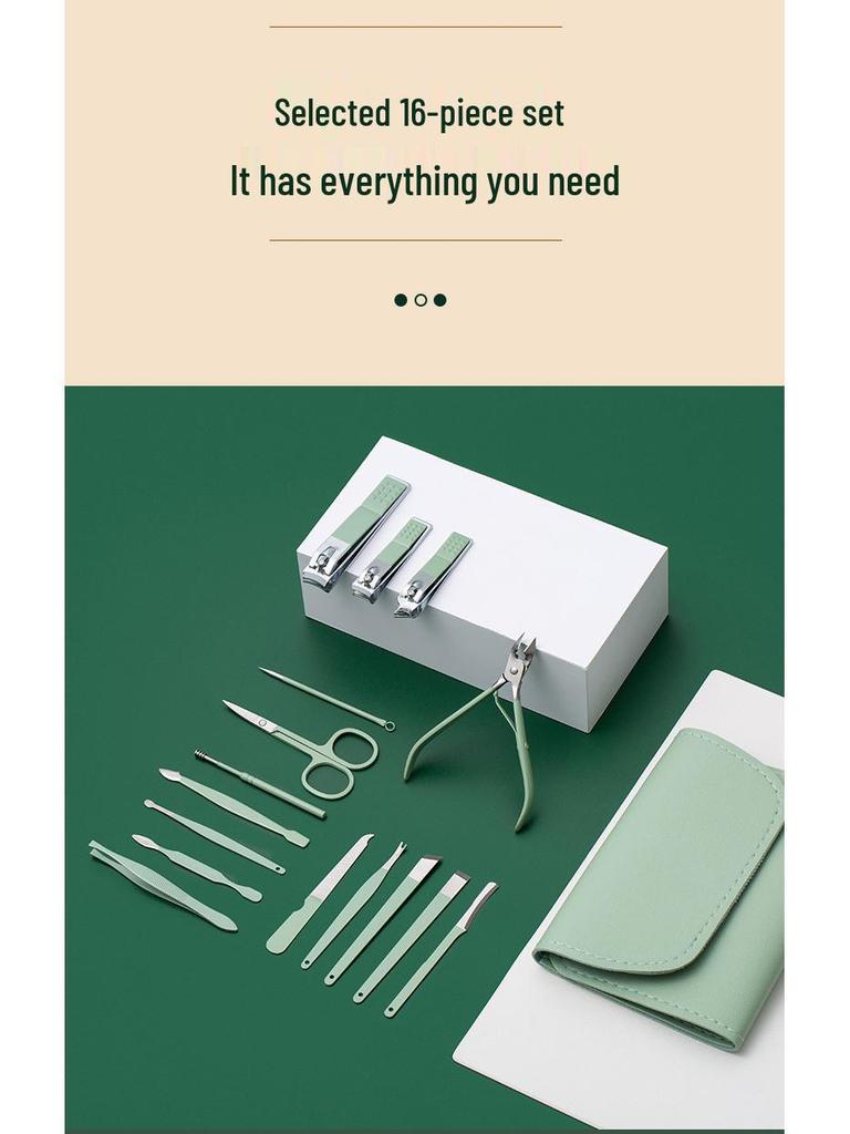 Tragbares 16-teiliges Schönheitsset: Nagelknipser, Feilen, Maniküre-Zange, Pediküre-Messer, Ohrenschmalz-Entferner, Nagelhautschieber
