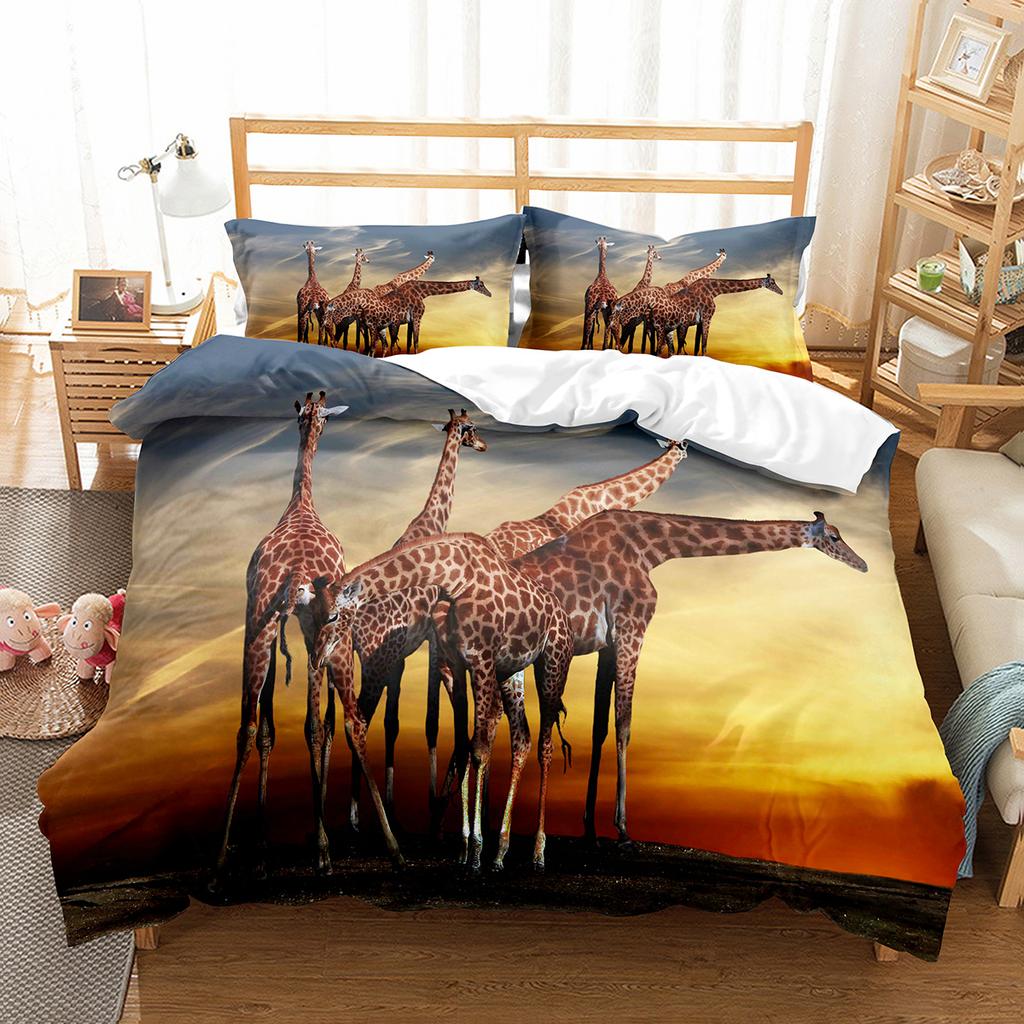 Farbenfrohe Giraffe Bettbezug-Set Niedliches Wildtiermuster Polyester Bettdeckenbezug Einzel-Doppelgröße für Kinder Bettwäsche-Set