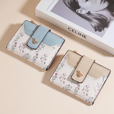 Slim PU Leather Short Wallet INS Multi-Cards Zipper Coin Purse Hasp Small Flowers Card Bag Wallet Zipper Hasp For Women Girl