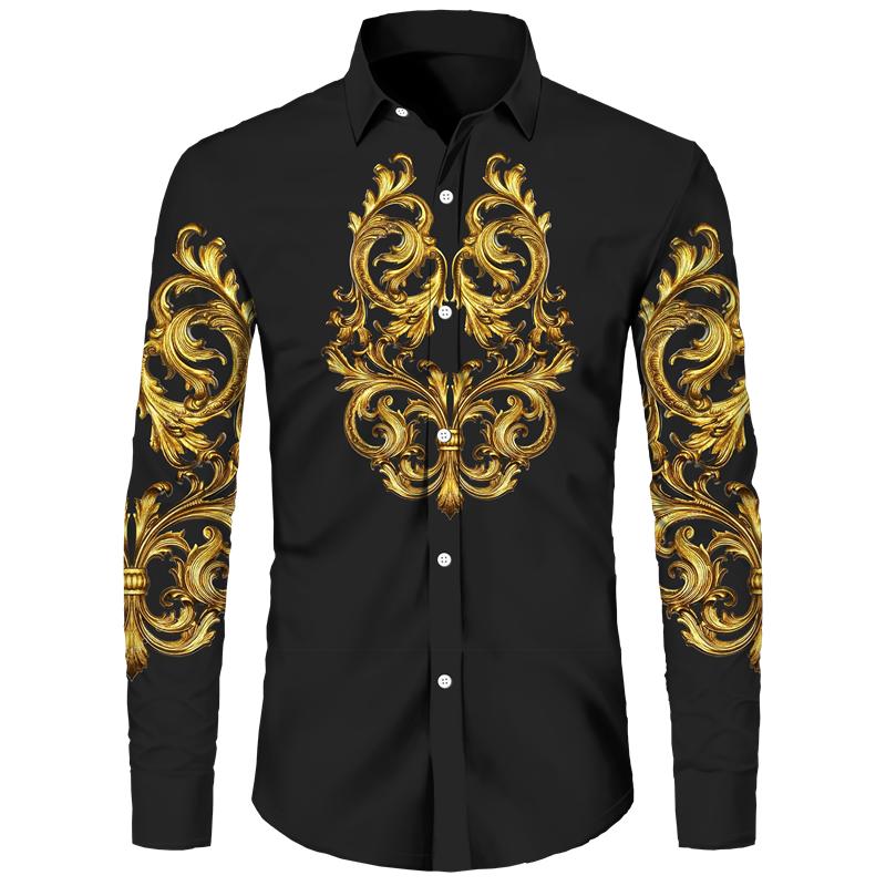 Golden Flower Pattern Print Men's Shirts Casual Single-Breasted Cardigan Long Sleeve Shirt Fashion Trend Tops Men Clothing