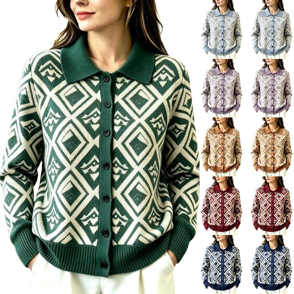 Women's Casual Loose Fit Plaid Cardigan Sweater with Collar Long Sleeve Fall Winter