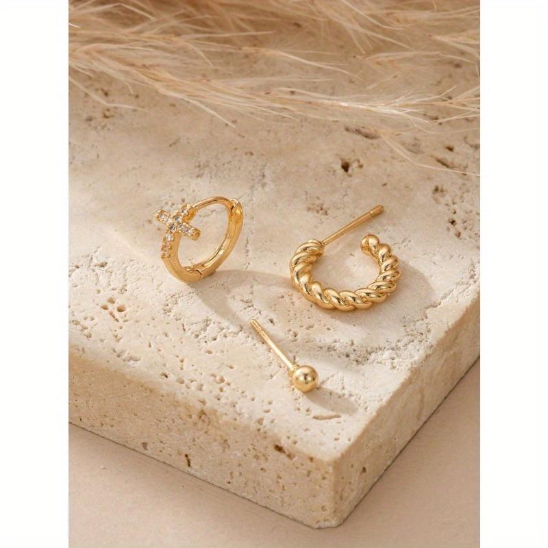 3pcs/Set Elegant Cubic Zirconia Cross Stud & Dangle Earrings Set, Copper Hoops, Everyday Casual Accessories, Holiday Gift For Women