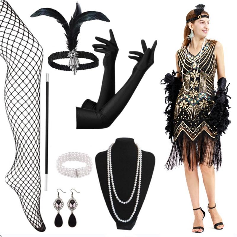 Hot Sale Vintage Sequins Tassel Dress Prom Evening Dress Accessories Set