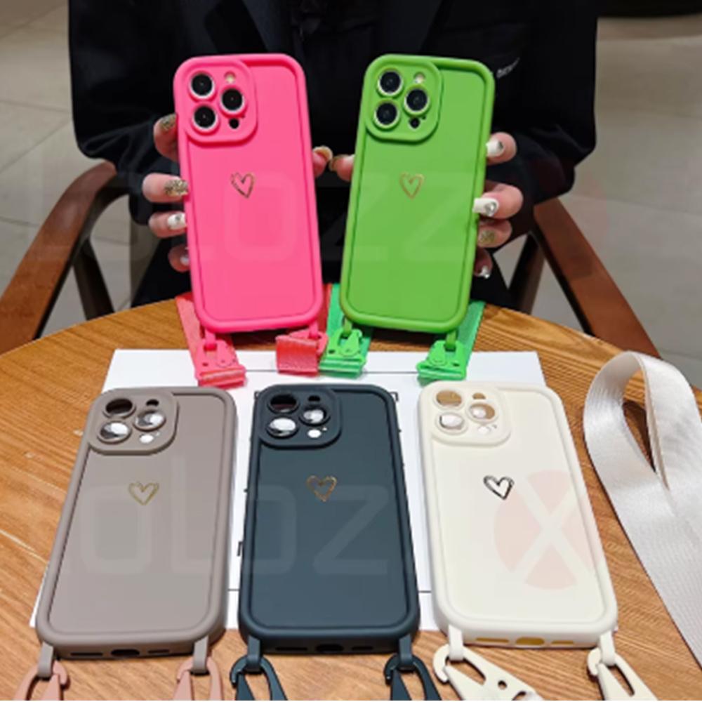Cute Love Heart Crossbody Necklace Lanyard Strap Soft Case For 16 15 14 13 12 17 Pro Max X XR 16 Plus Solid Color Cover