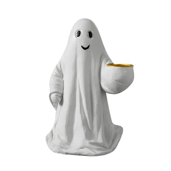 Halloweenská figurka duch Bílý duch držící dýni Kočka Strašidelná pryskyřičná ozdoba Rytá Halloweenská dekorace