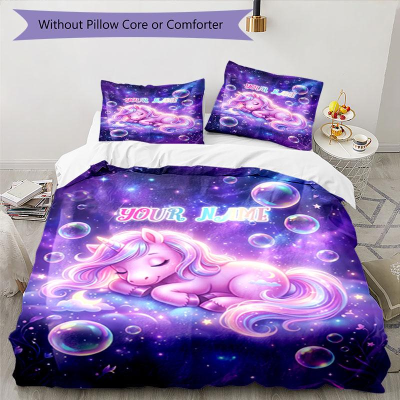 3PC Custom Name Unicorn Dreams Space Bedding Set Duvet Cover Closure Includes 1 Duvet Cover & 2 Pillowcases for Bedroom