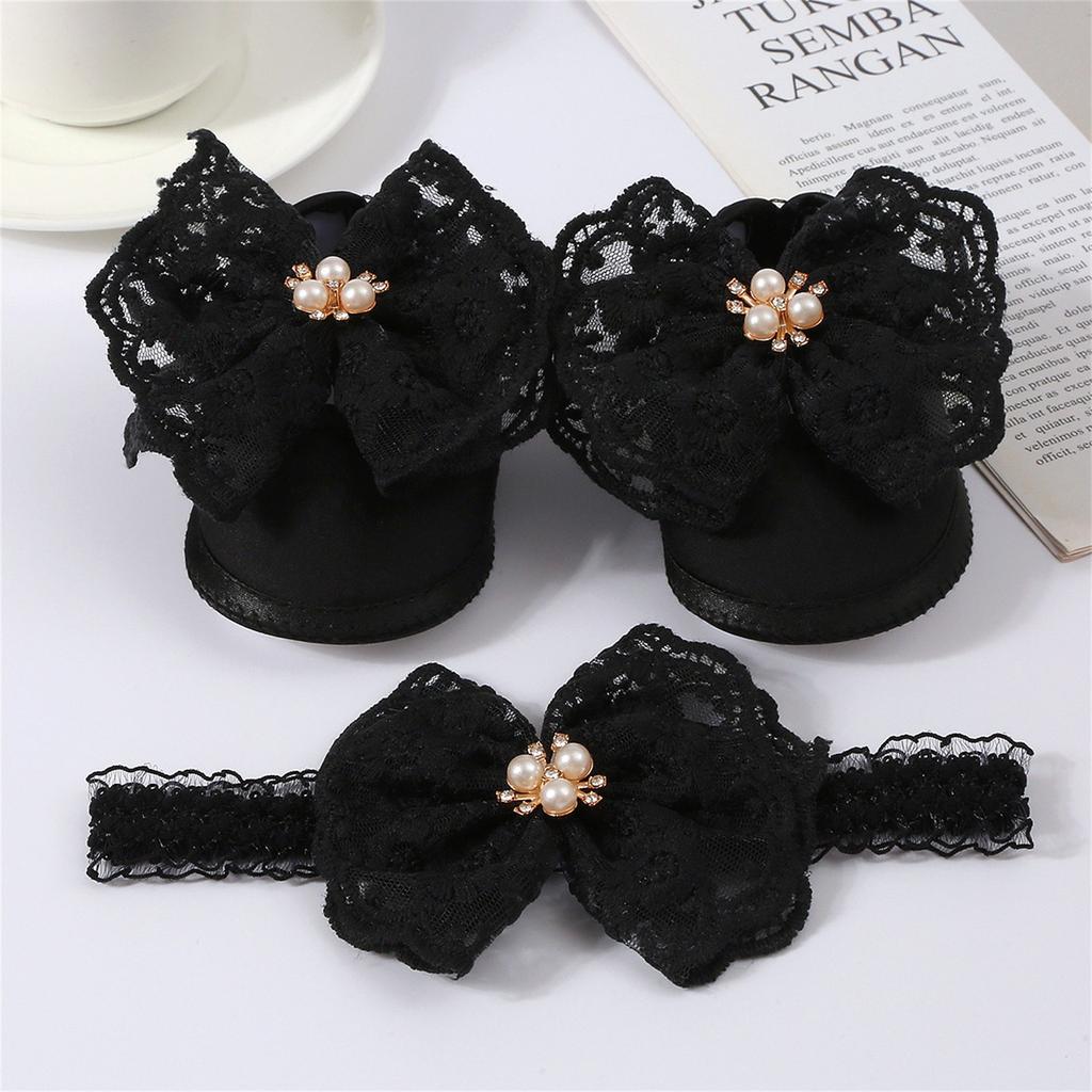 Baby Spitze Perle Schuhe + Haarband Set Baby Kleinkind Schuhe Weiche Sohle Große Schleife Dot Gummi Schuhe